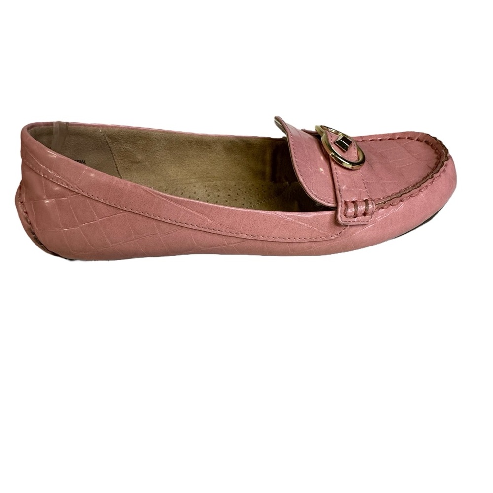 Liz Claiborne Antonia Pink Gold Buckle Croc Textured Comfort Flats Loafers Sz 8
